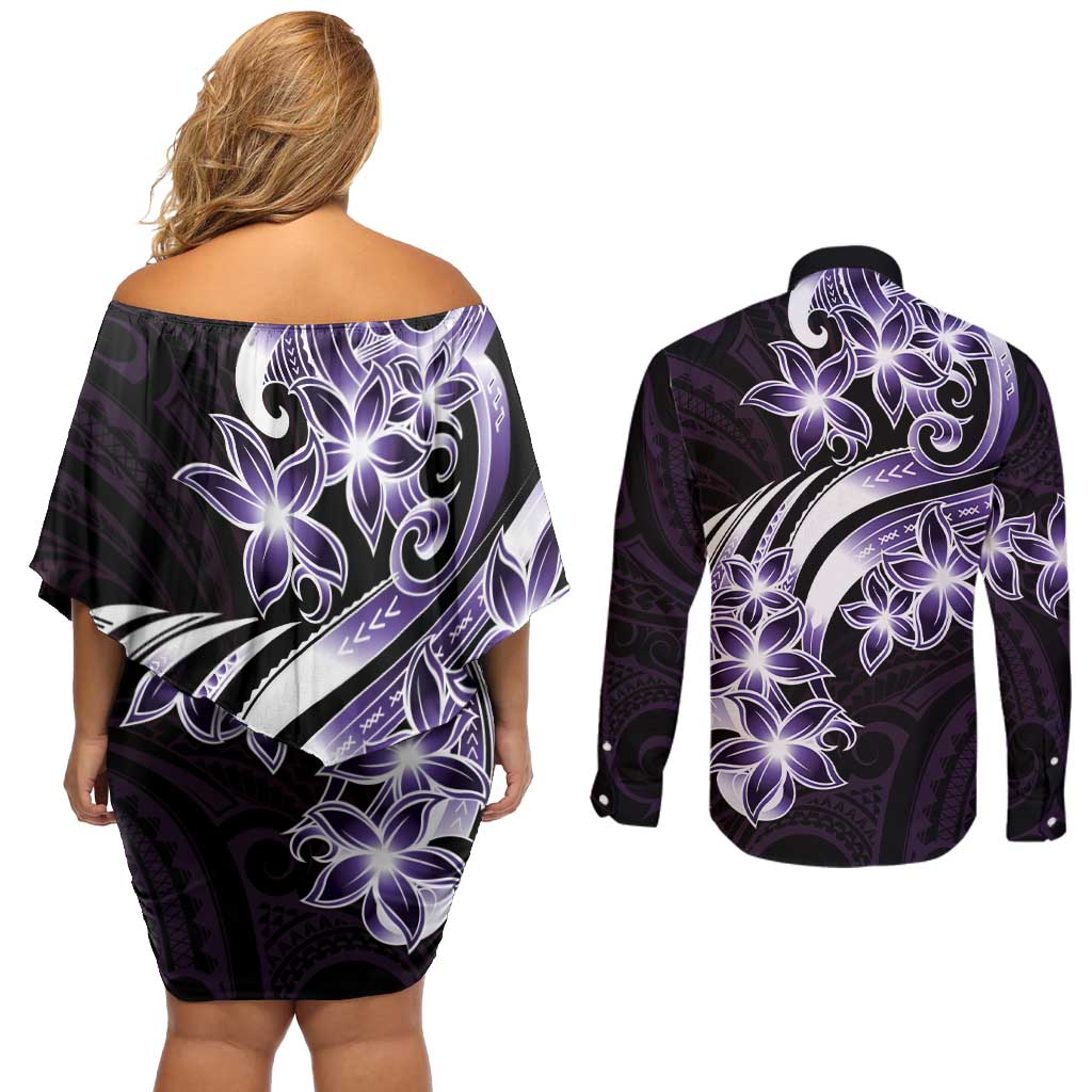 Plumeria Tribal Tattoo Couples Matching Off Shoulder Short Dress and Long Sleeve Button Shirt Purple Polynesian Pattern LT9 - Polynesian Pride