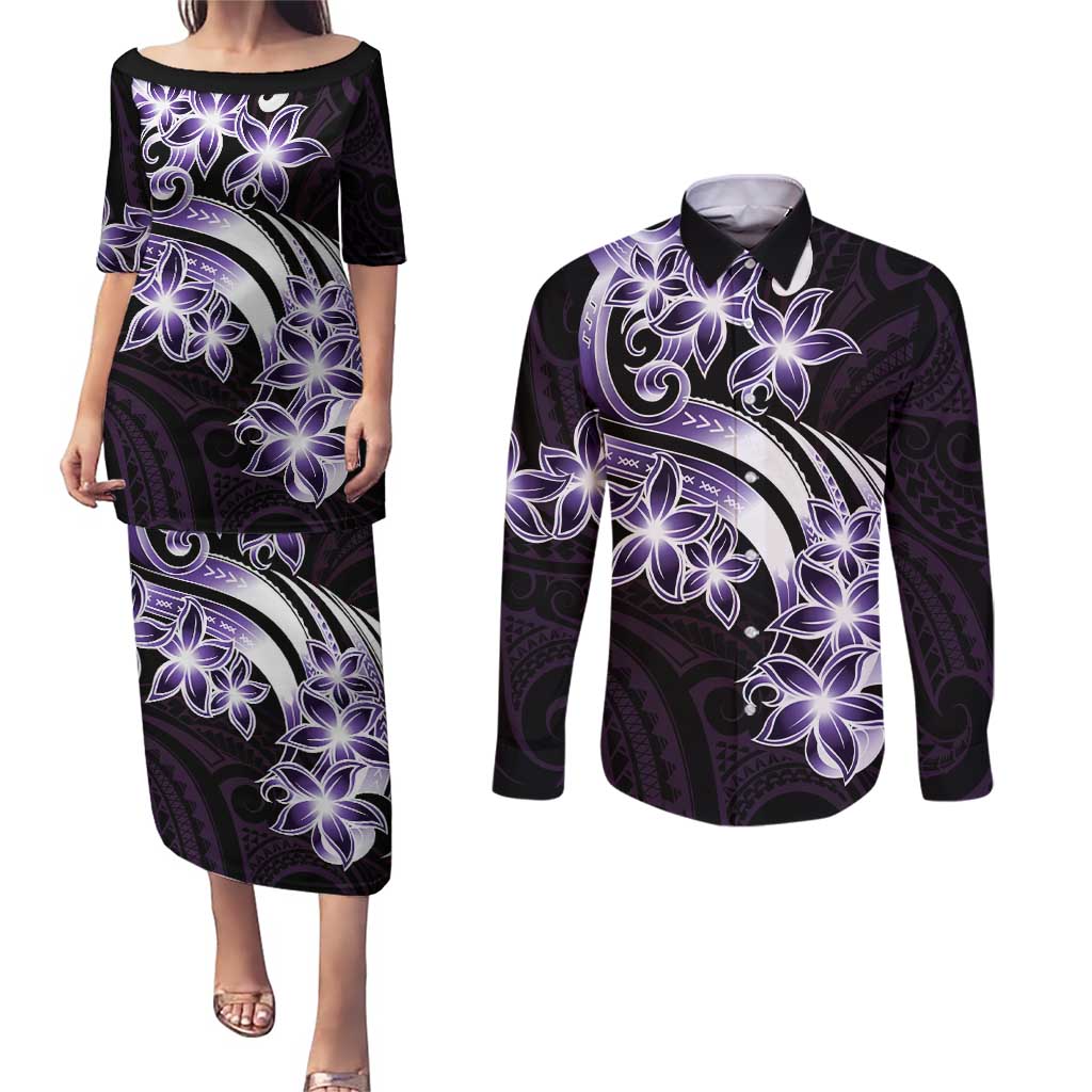 Plumeria Tribal Tattoo Couples Matching Puletasi and Long Sleeve Button Shirt Purple Polynesian Pattern LT9 Purple - Polynesian Pride