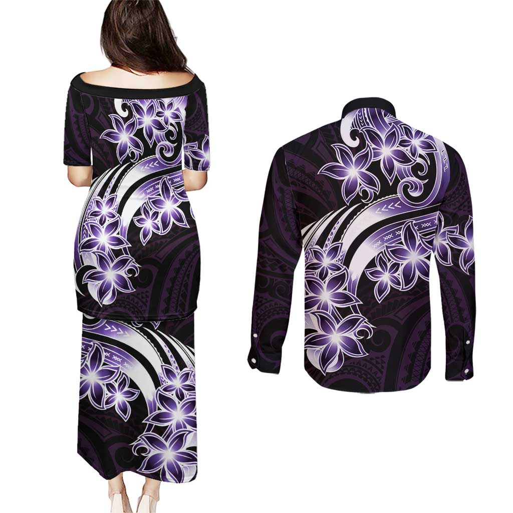 Plumeria Tribal Tattoo Couples Matching Puletasi and Long Sleeve Button Shirt Purple Polynesian Pattern LT9 - Polynesian Pride