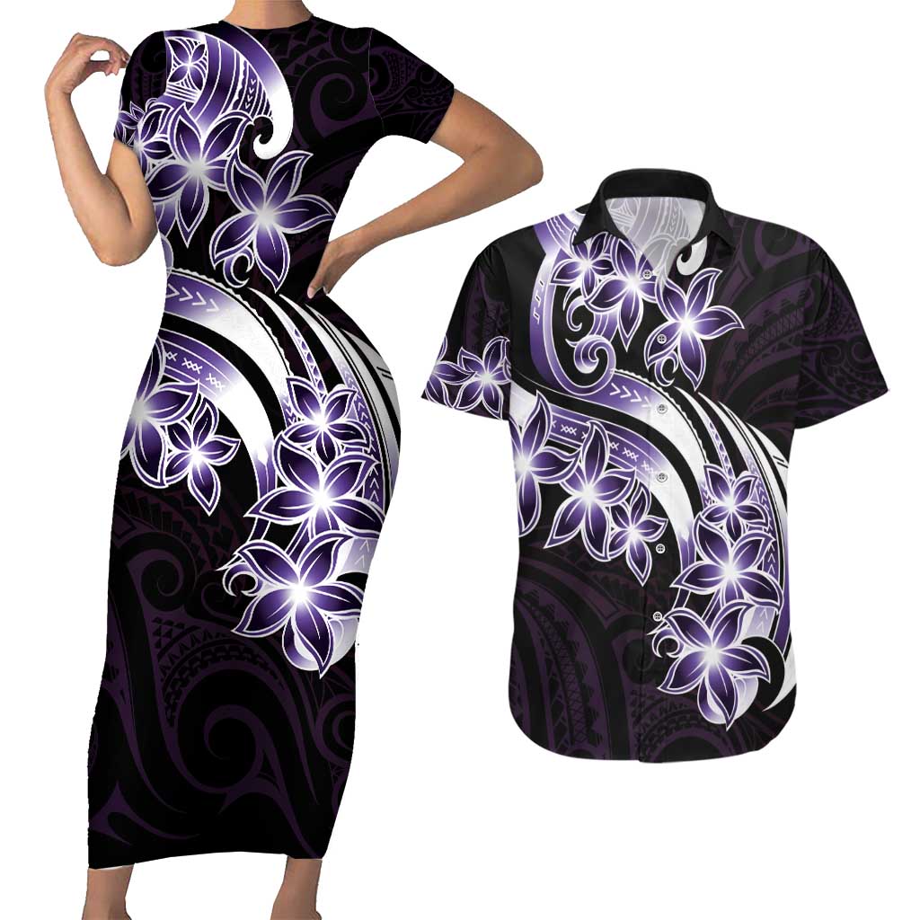 Plumeria Tribal Tattoo Couples Matching Short Sleeve Bodycon Dress and Hawaiian Shirt Purple Polynesian Pattern