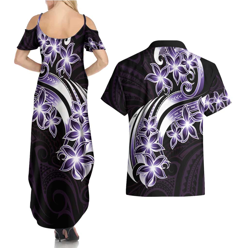 Plumeria Tribal Tattoo Couples Matching Summer Maxi Dress and Hawaiian Shirt Purple Polynesian Pattern LT9 - Polynesian Pride