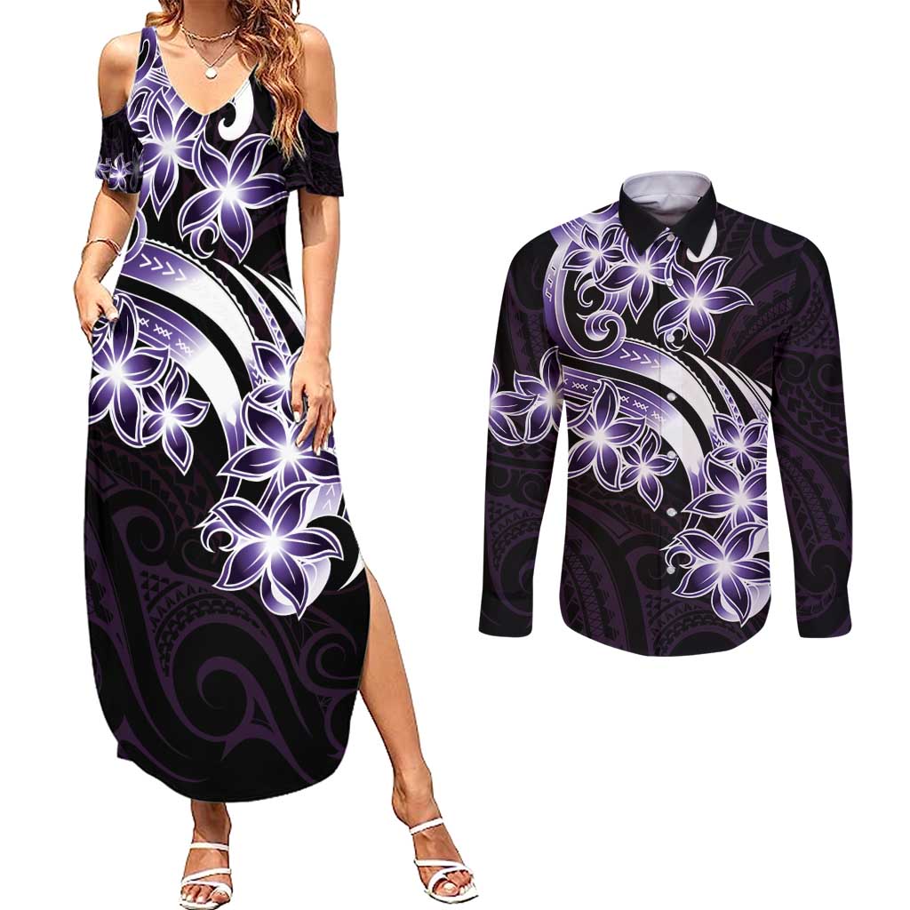 Plumeria Tribal Tattoo Couples Matching Summer Maxi Dress and Long Sleeve Button Shirt Purple Polynesian Pattern LT9 Purple - Polynesian Pride