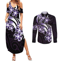 Plumeria Tribal Tattoo Couples Matching Summer Maxi Dress and Long Sleeve Button Shirt Purple Polynesian Pattern LT9 Purple - Polynesian Pride