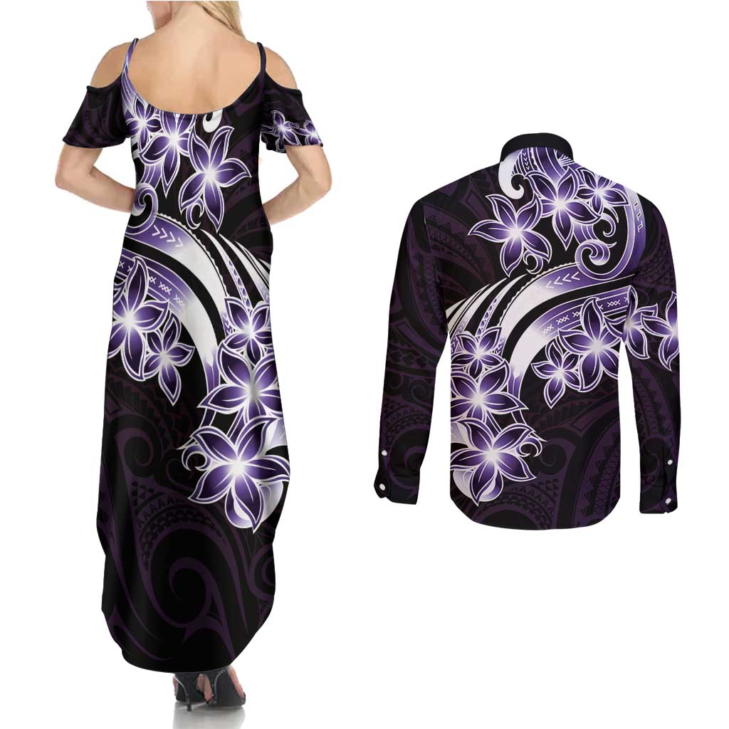 Plumeria Tribal Tattoo Couples Matching Summer Maxi Dress and Long Sleeve Button Shirt Purple Polynesian Pattern LT9 - Polynesian Pride