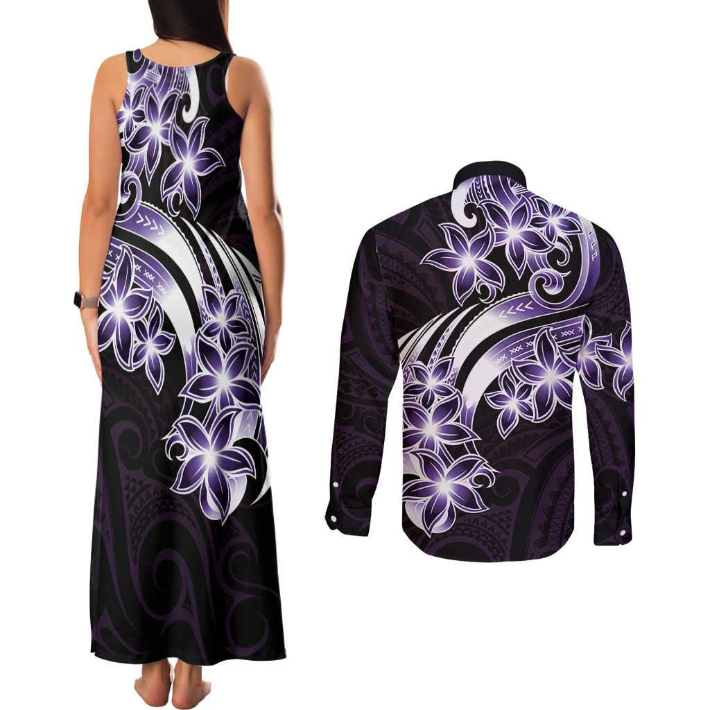 Plumeria Tribal Tattoo Couples Matching Tank Maxi Dress and Long Sleeve Button Shirt Purple Polynesian Pattern LT9 - Polynesian Pride