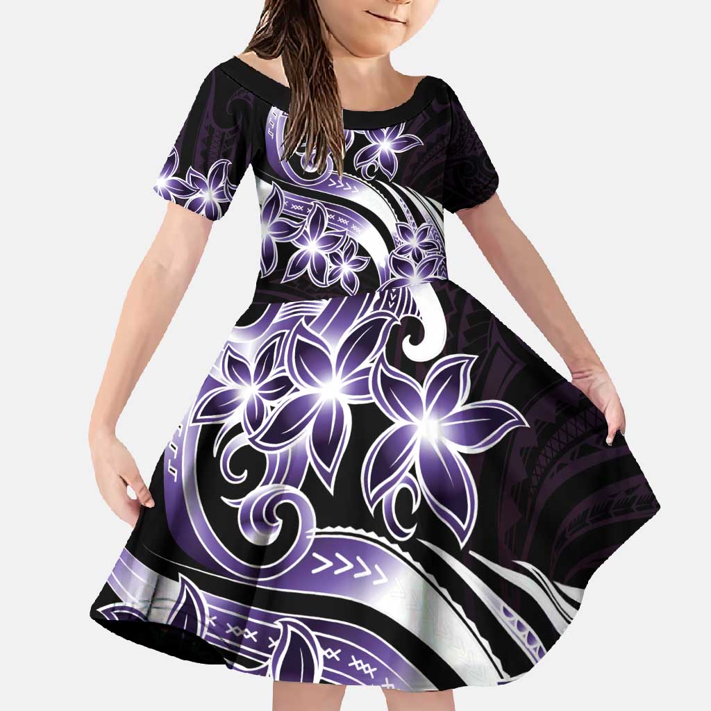 Plumeria Tribal Tattoo Family Matching Long Sleeve Bodycon Dress and Hawaiian Shirt Purple Polynesian Pattern LT9 Daughter's Dress Purple - Polynesian Pride