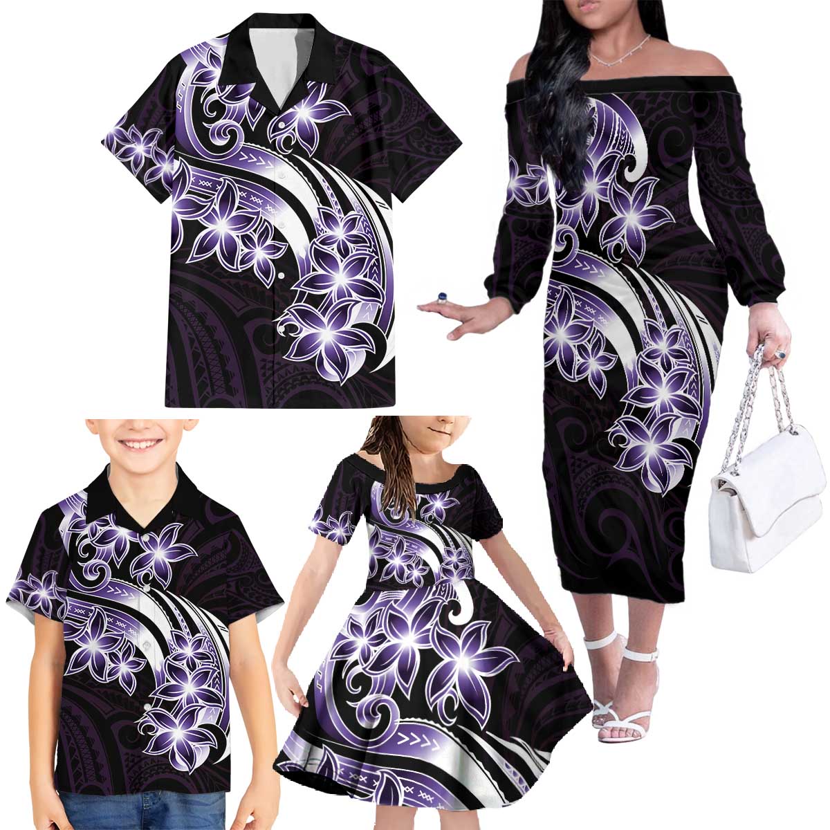 Plumeria Tribal Tattoo Family Matching Off The Shoulder Long Sleeve Dress and Hawaiian Shirt Purple Polynesian Pattern