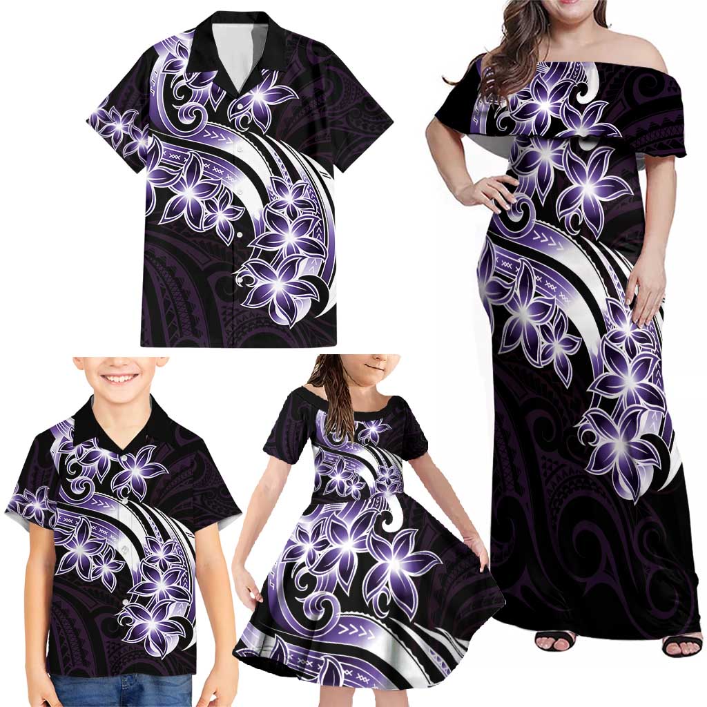 Plumeria Tribal Tattoo Family Matching Off Shoulder Maxi Dress and Hawaiian Shirt Purple Polynesian Pattern