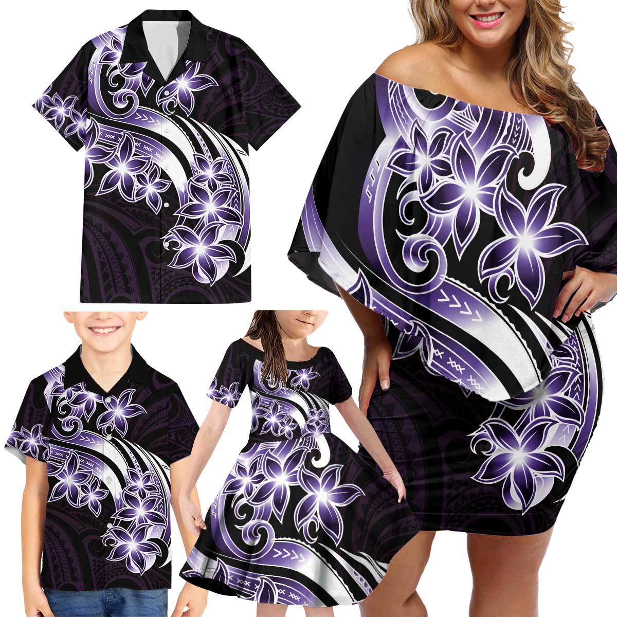 Plumeria Tribal Tattoo Family Matching Off Shoulder Short Dress and Hawaiian Shirt Purple Polynesian Pattern LT9 - Polynesian Pride