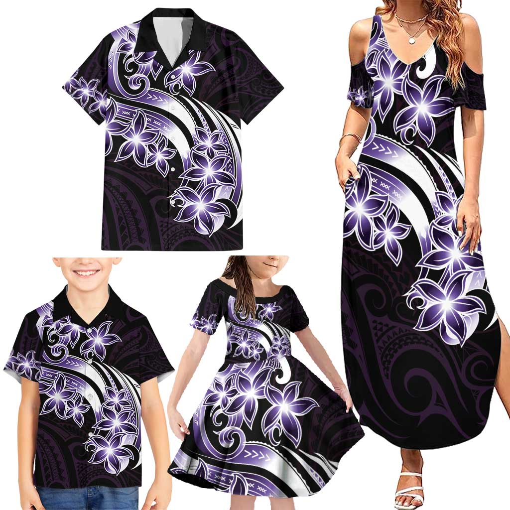 Plumeria Tribal Tattoo Family Matching Summer Maxi Dress and Hawaiian Shirt Purple Polynesian Pattern