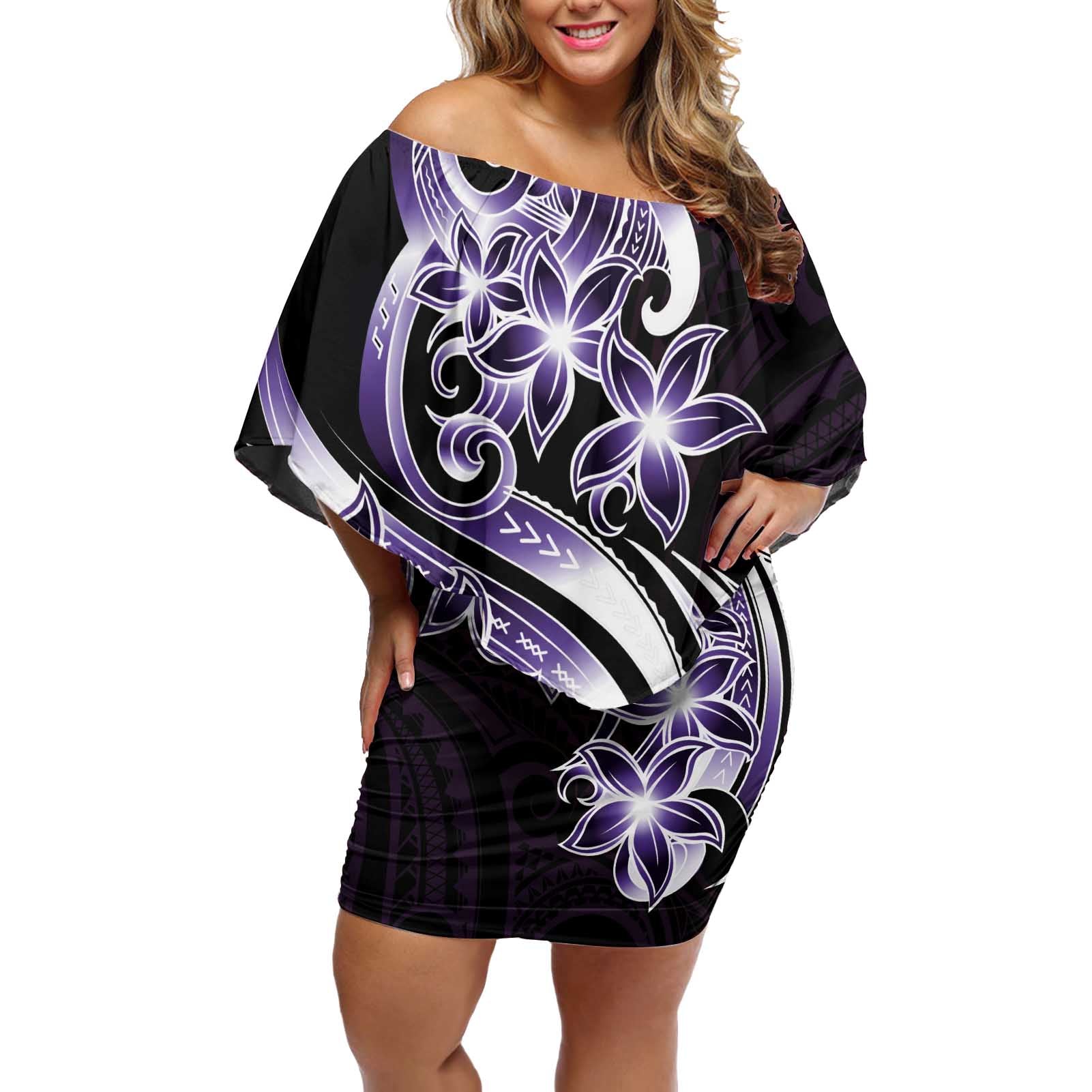 Plumeria Tribal Tattoo Off Shoulder Short Dress Purple Polynesian Pattern