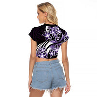 Plumeria Tribal Tattoo Raglan Cropped T Shirt Purple Polynesian Pattern