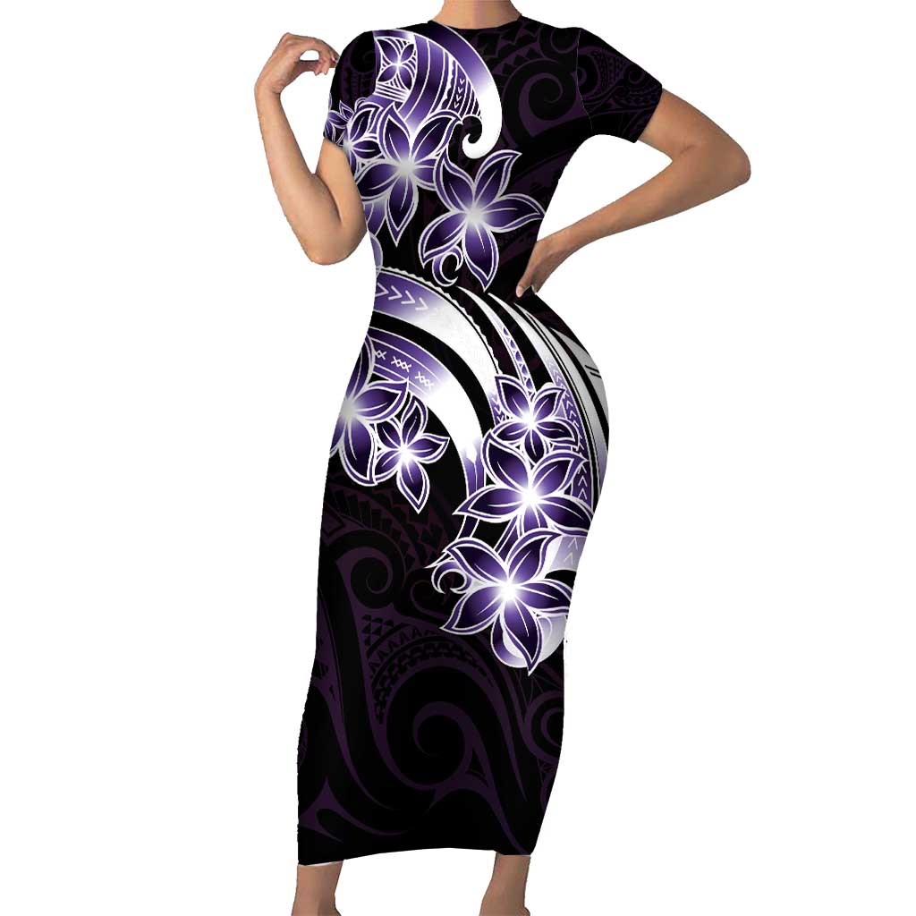 Plumeria Tribal Tattoo Short Sleeve Bodycon Dress Purple Polynesian Pattern