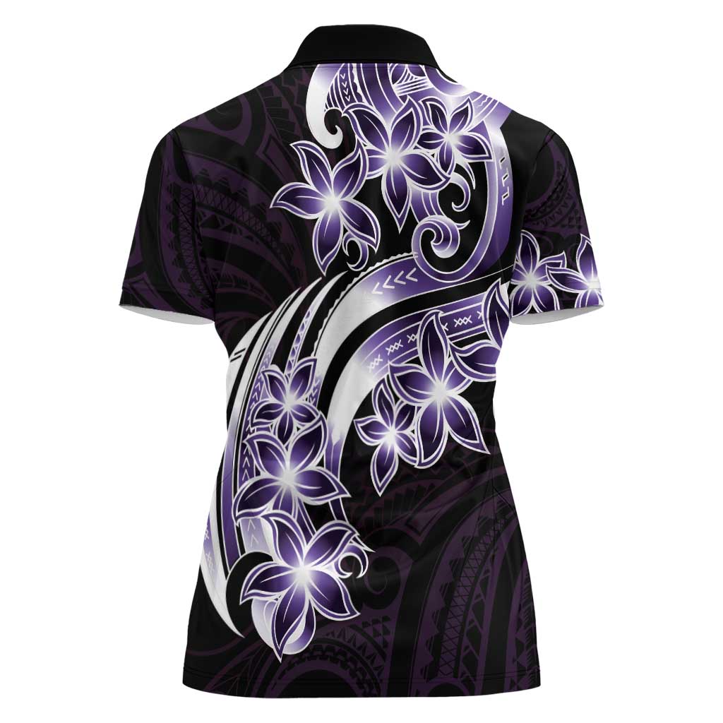 Plumeria Tribal Tattoo Women Polo Shirt Purple Polynesian Pattern