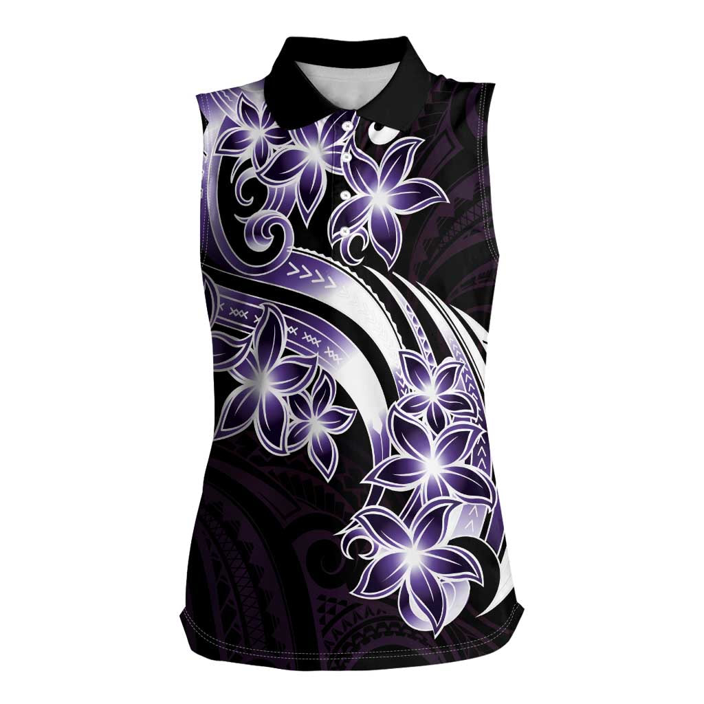 Plumeria Tribal Tattoo Women Sleeveless Polo Shirt Purple Polynesian Pattern