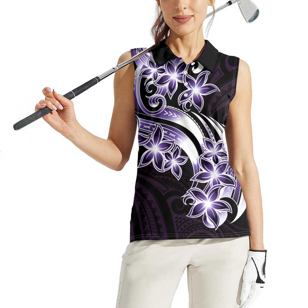 Plumeria Tribal Tattoo Women Sleeveless Polo Shirt Purple Polynesian Pattern