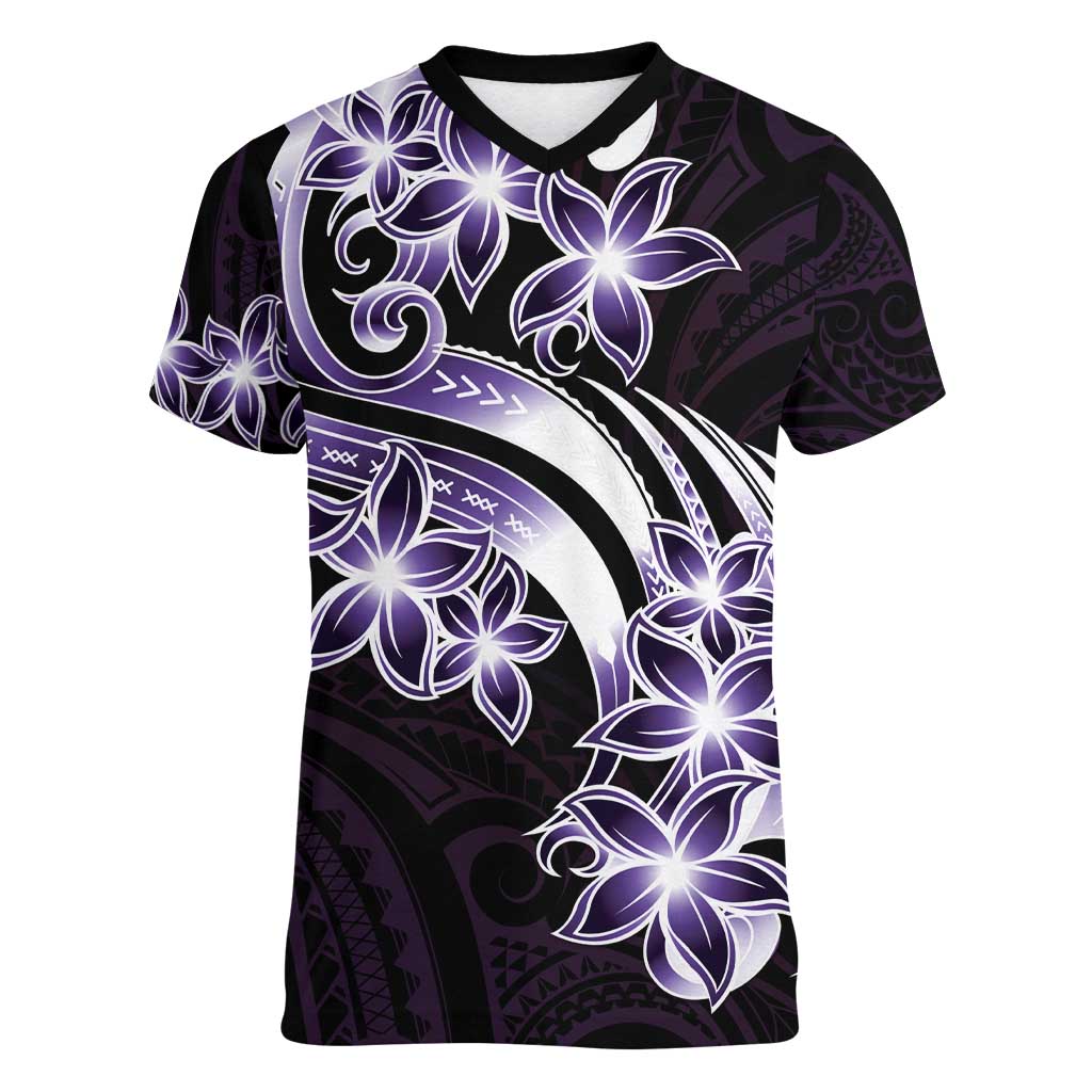 Plumeria Tribal Tattoo Women V-Neck T-Shirt Purple Polynesian Pattern