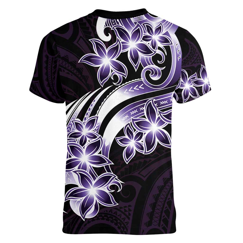 Plumeria Tribal Tattoo Women V-Neck T-Shirt Purple Polynesian Pattern