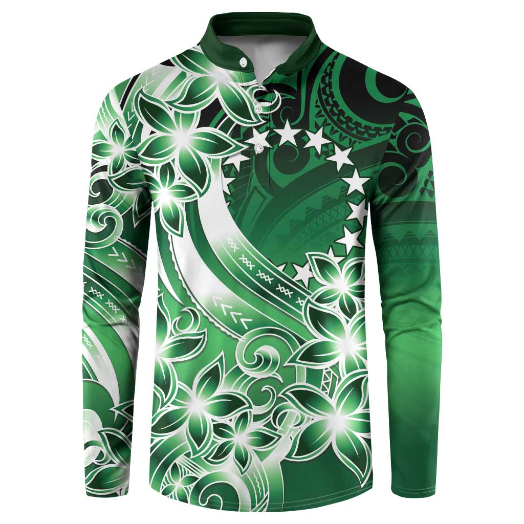 Cook Islands Tattoo Button Sweatshirt Plumeria Polynesian Pattern LT9 Green - Polynesian Pride