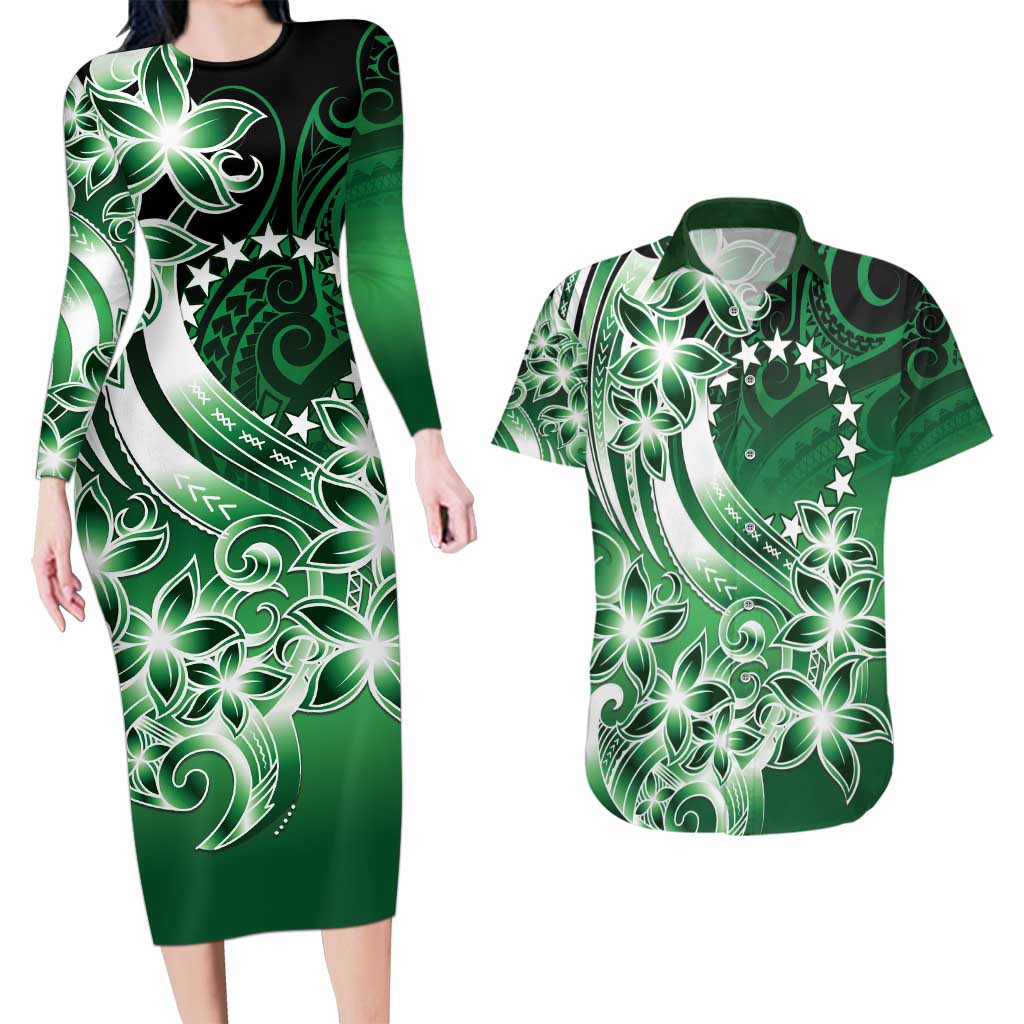 Cook Islands Tattoo Couples Matching Long Sleeve Bodycon Dress and Hawaiian Shirt Plumeria Polynesian Pattern LT9 Green - Polynesian Pride