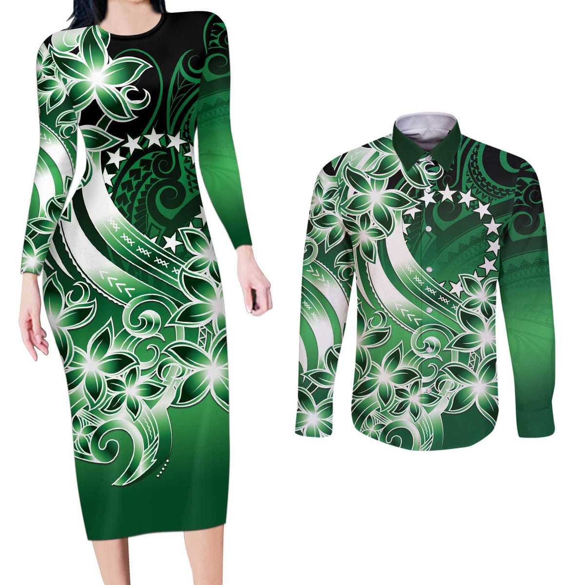 Cook Islands Tattoo Couples Matching Long Sleeve Bodycon Dress and Long Sleeve Button Shirt Plumeria Polynesian Pattern LT9 Green - Polynesian Pride