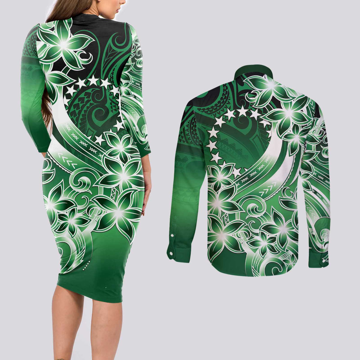 Cook Islands Tattoo Couples Matching Long Sleeve Bodycon Dress and Long Sleeve Button Shirt Plumeria Polynesian Pattern LT9 - Polynesian Pride