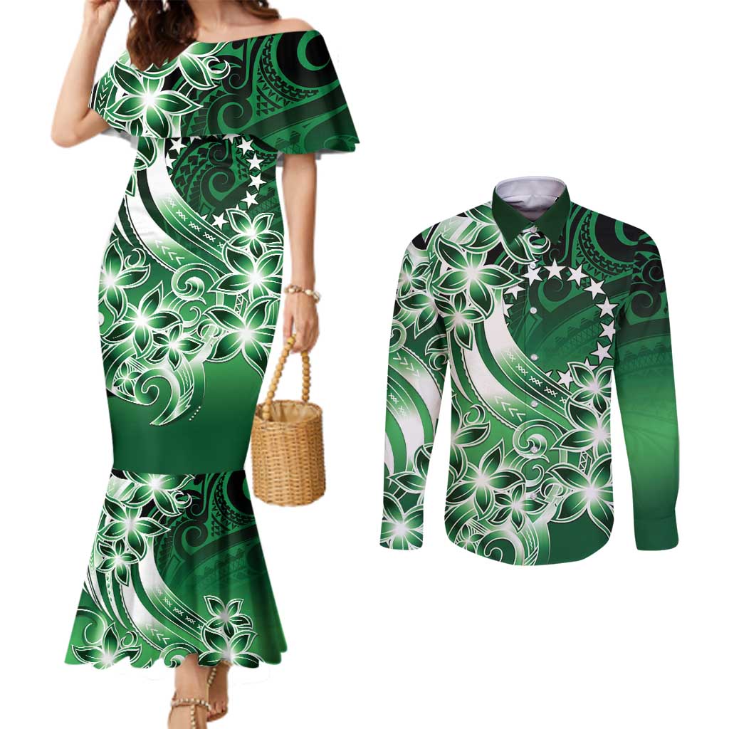 Cook Islands Tattoo Couples Matching Mermaid Dress and Long Sleeve Button Shirt Plumeria Polynesian Pattern LT9 Green - Polynesian Pride