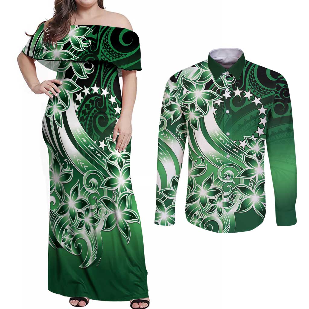 Cook Islands Tattoo Couples Matching Off Shoulder Maxi Dress and Long Sleeve Button Shirt Plumeria Polynesian Pattern LT9 Green - Polynesian Pride