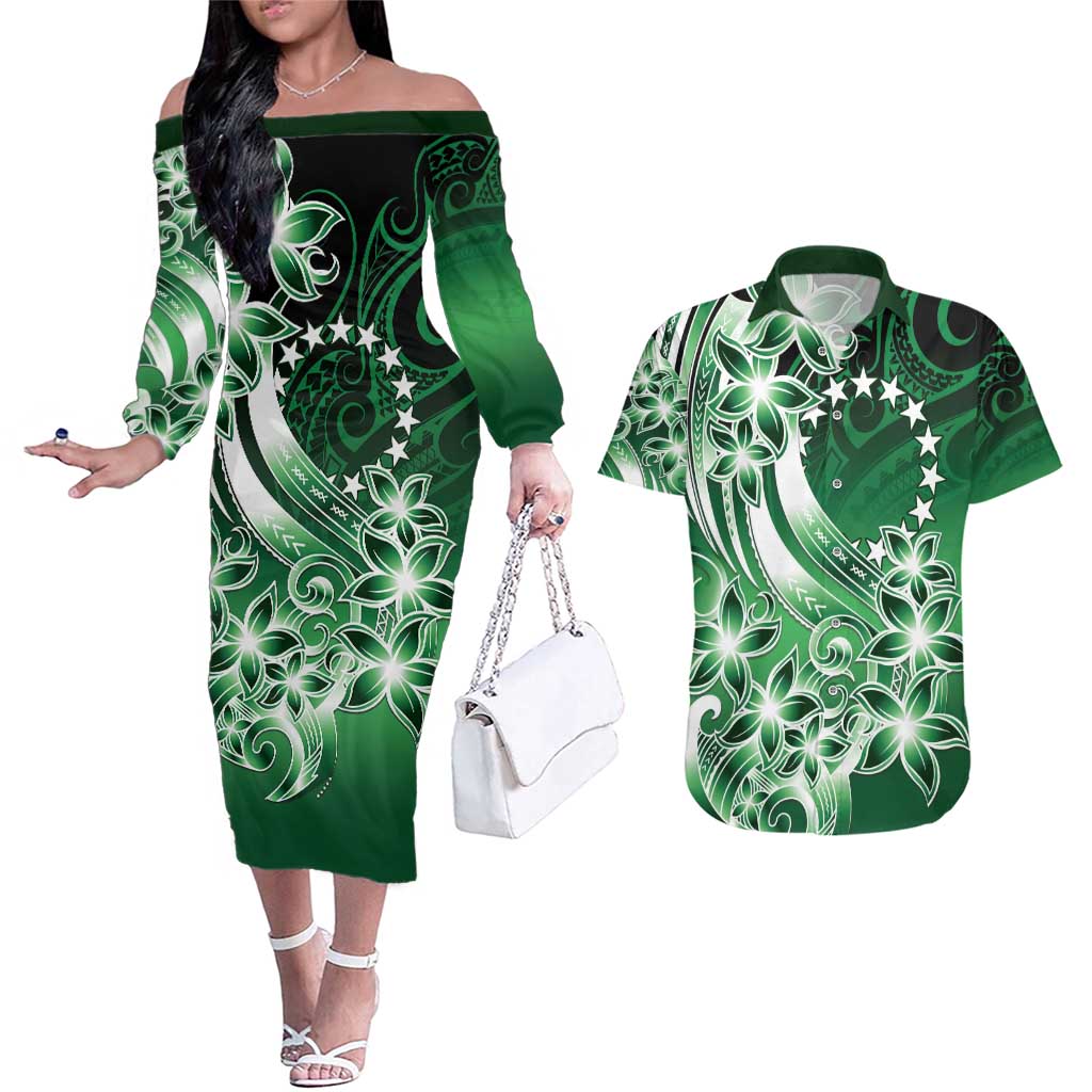 Cook Islands Tattoo Couples Matching Off The Shoulder Long Sleeve Dress and Hawaiian Shirt Plumeria Polynesian Pattern LT9 Green - Polynesian Pride