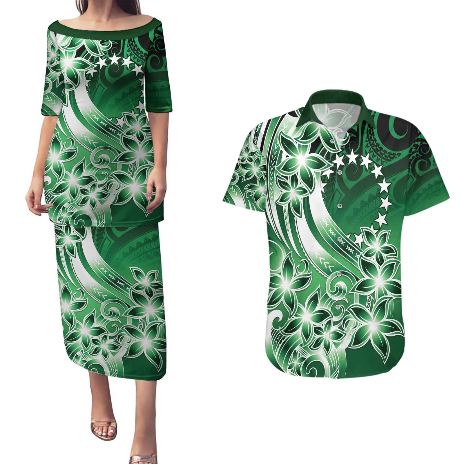 Cook Islands Tattoo Couples Matching Puletasi and Hawaiian Shirt Plumeria Polynesian Pattern LT9 Green - Polynesian Pride
