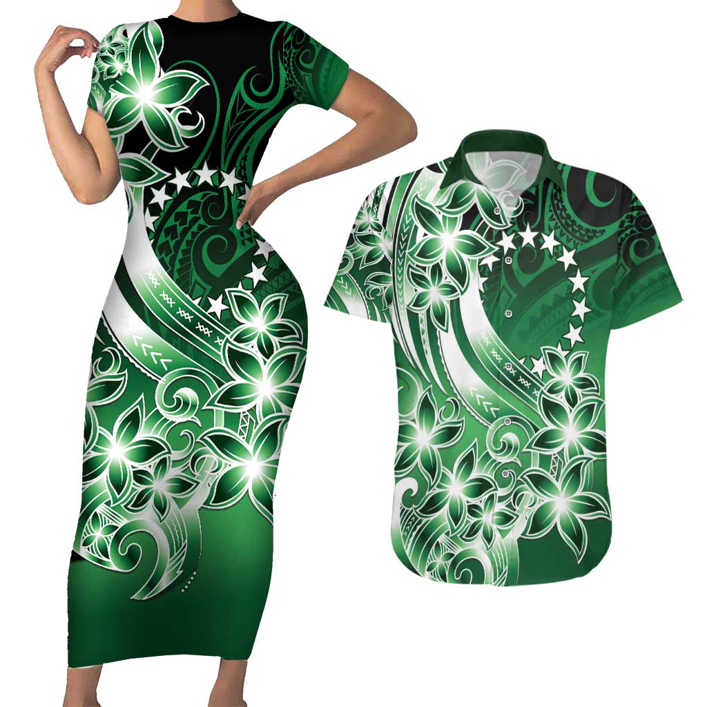 Cook Islands Tattoo Couples Matching Short Sleeve Bodycon Dress and Hawaiian Shirt Plumeria Polynesian Pattern LT9 Green - Polynesian Pride
