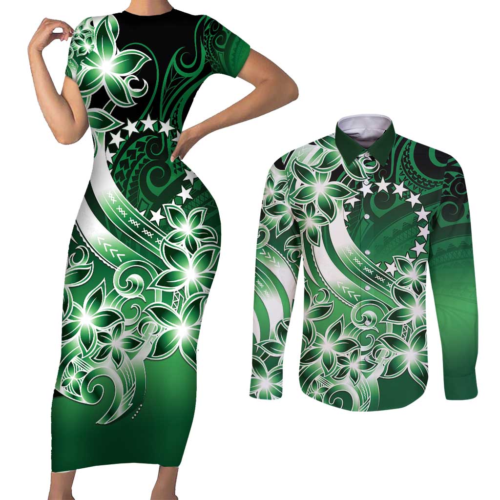 Cook Islands Tattoo Couples Matching Short Sleeve Bodycon Dress and Long Sleeve Button Shirt Plumeria Polynesian Pattern LT9 Green - Polynesian Pride