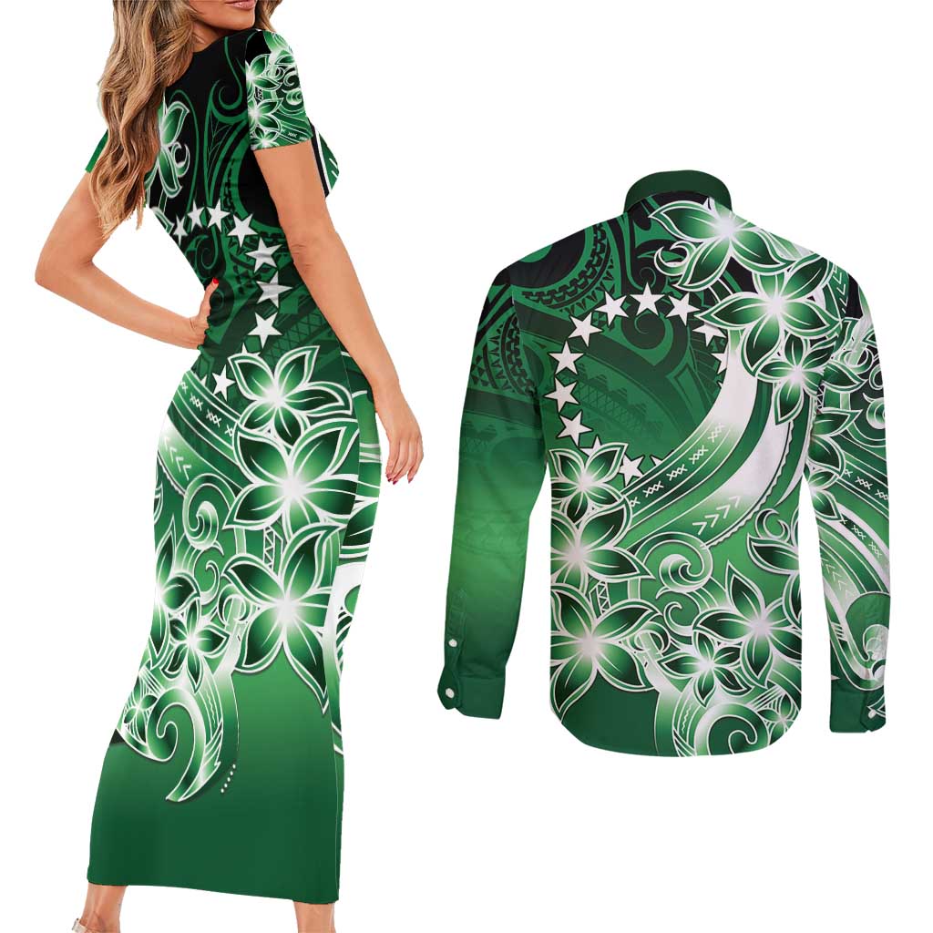 Cook Islands Tattoo Couples Matching Short Sleeve Bodycon Dress and Long Sleeve Button Shirt Plumeria Polynesian Pattern LT9 - Polynesian Pride