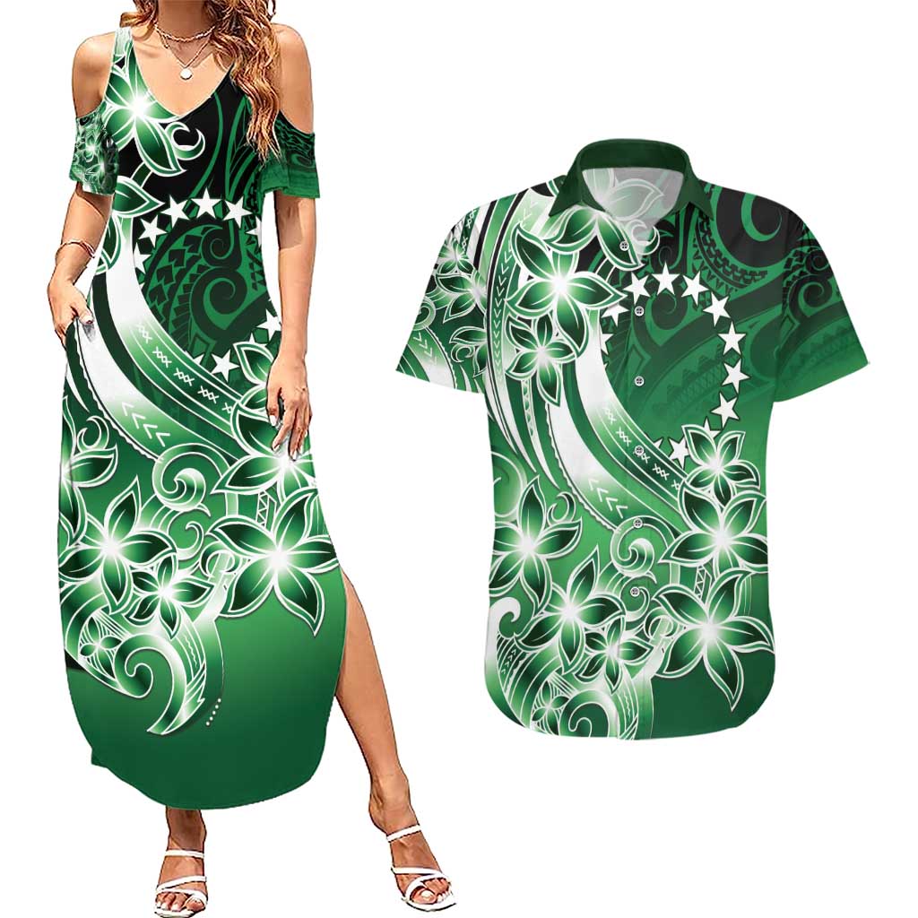 Cook Islands Tattoo Couples Matching Summer Maxi Dress and Hawaiian Shirt Plumeria Polynesian Pattern LT9 Green - Polynesian Pride