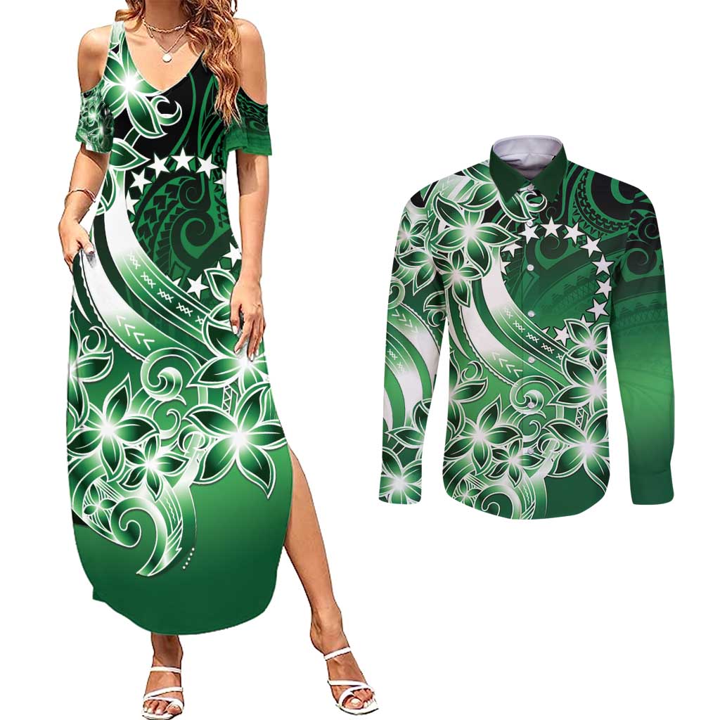 Cook Islands Tattoo Couples Matching Summer Maxi Dress and Long Sleeve Button Shirt Plumeria Polynesian Pattern LT9 Green - Polynesian Pride