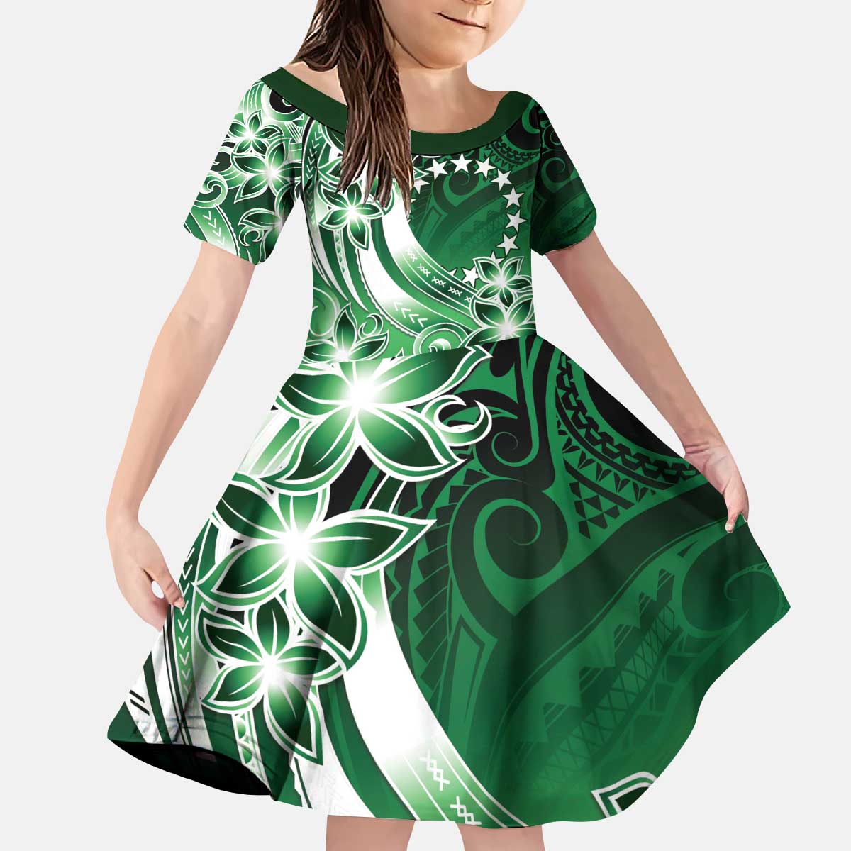 Cook Islands Tattoo Family Matching Puletasi and Hawaiian Shirt Plumeria Polynesian Pattern LT9 Daughter's Dress Green - Polynesian Pride