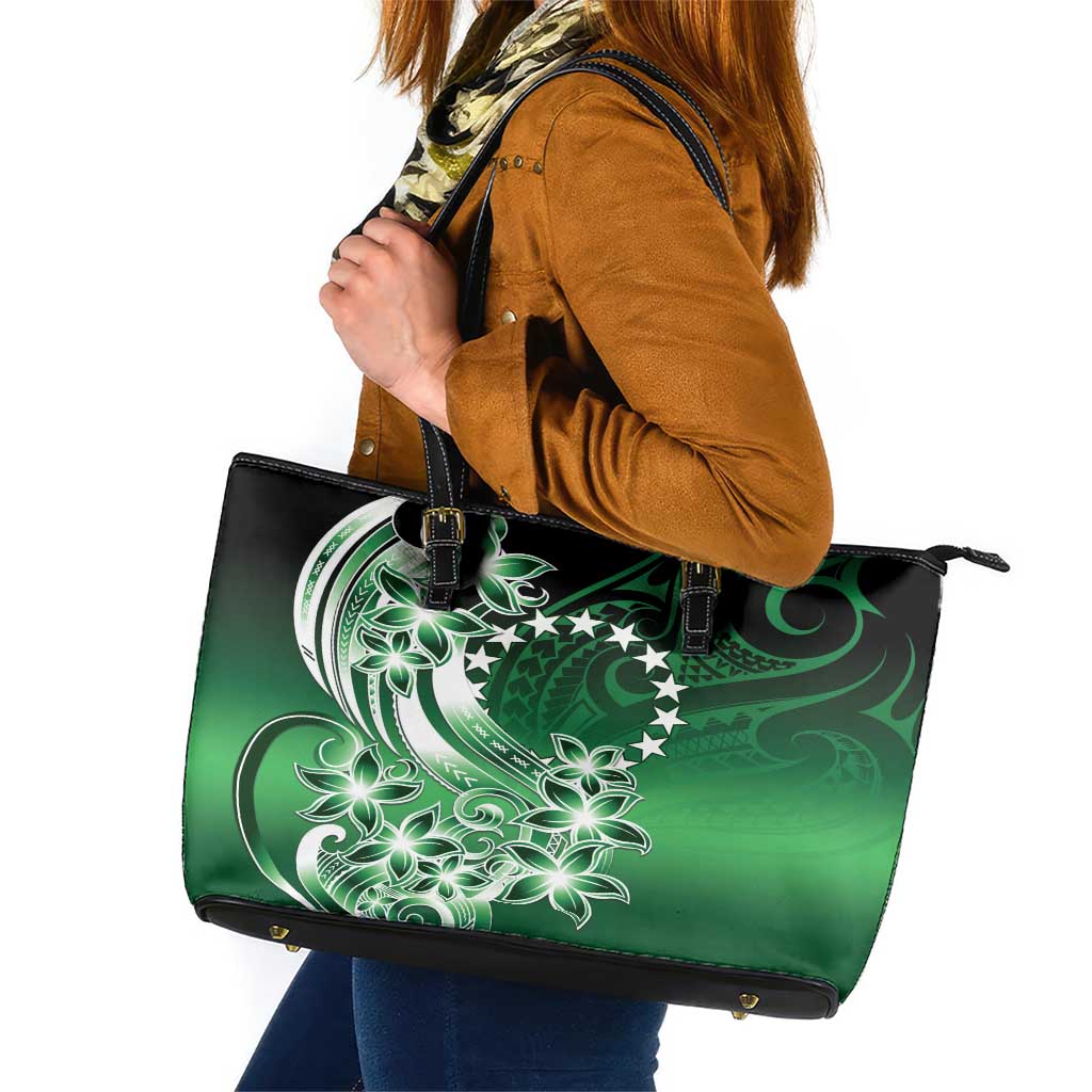 Cook Islands Tattoo Leather Tote Bag Plumeria Polynesian Pattern LT9 Green - Polynesian Pride