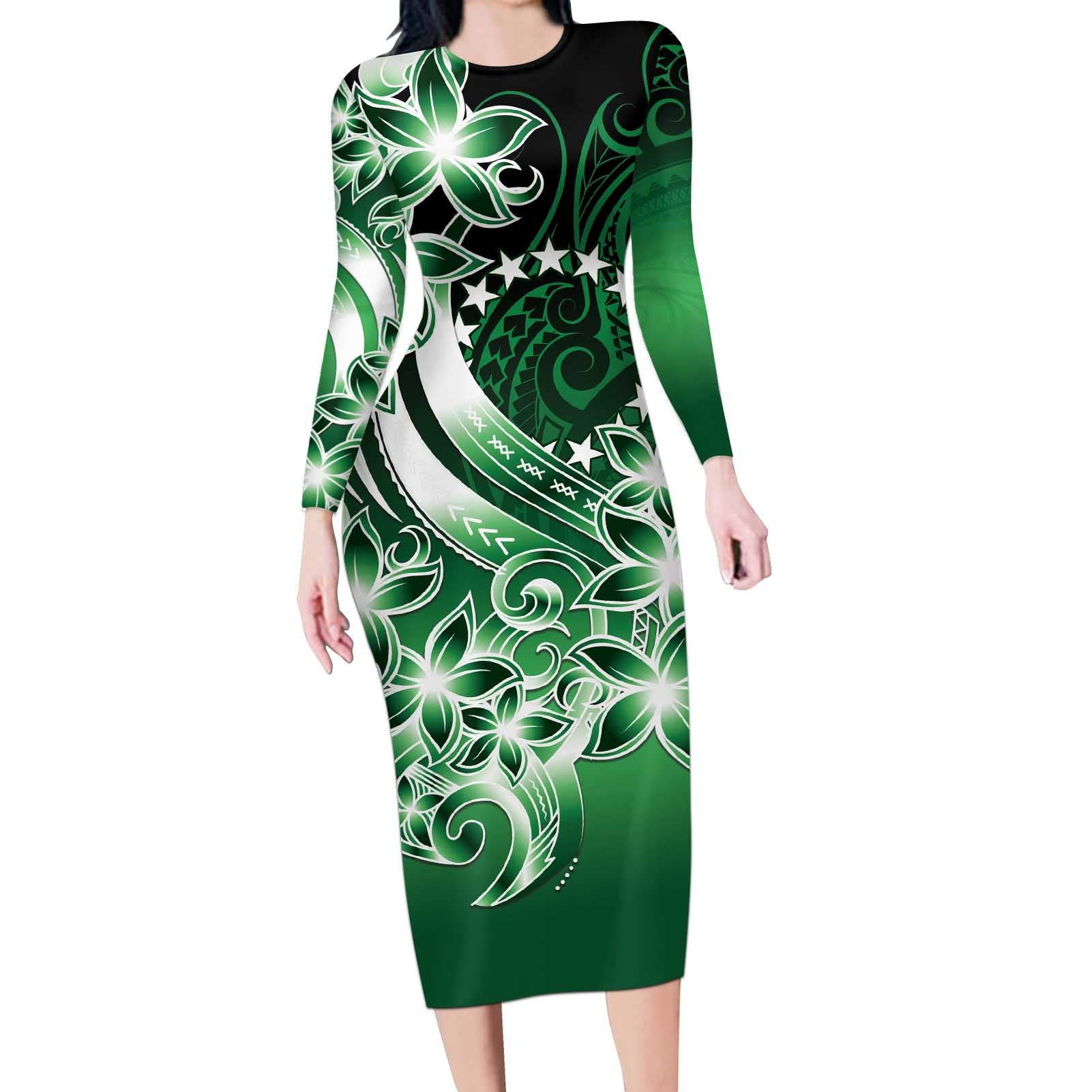 Cook Islands Tattoo Long Sleeve Bodycon Dress Plumeria Polynesian Pattern