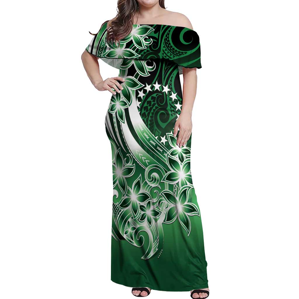 Cook Islands Tattoo Off Shoulder Maxi Dress Plumeria Polynesian Pattern LT9 Women Green - Polynesian Pride