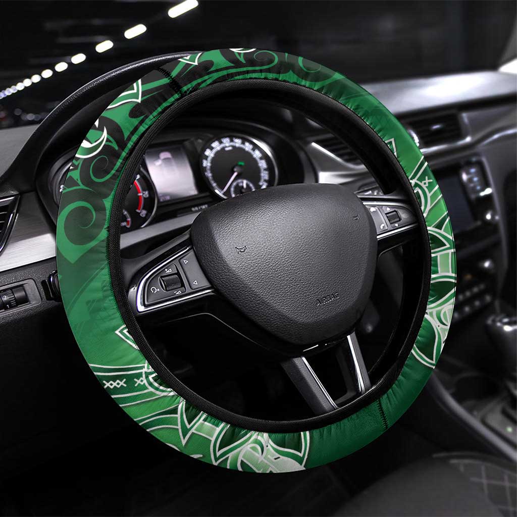 Cook Islands Tattoo Steering Wheel Cover Plumeria Polynesian Pattern LT9 Universal Fit Green - Polynesian Pride