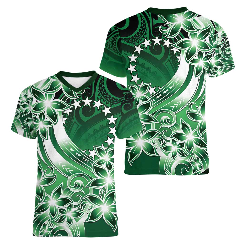 Cook Islands Tattoo Women V-Neck T-Shirt Plumeria Polynesian Pattern