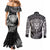 New Zealand Rugby Couples Matching Mermaid Dress and Long Sleeve Button Shirts Silver Fern All Black Mix Ta Moko White Style LT9 - Polynesian Pride