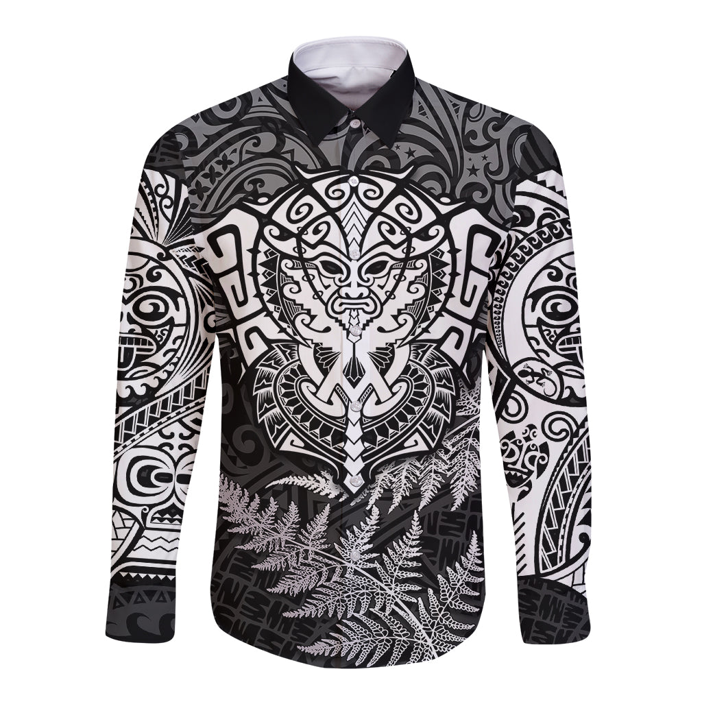 New Zealand Rugby Long Sleeve Button Shirt Silver Fern All Black Mix Ta Moko White Style LT9 Unisex White - Polynesian Pride