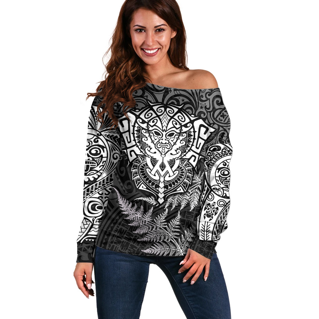 New Zealand Rugby Off Shoulder Sweater Silver Fern All Black Mix Ta Moko White Style LT9 Women White - Polynesian Pride