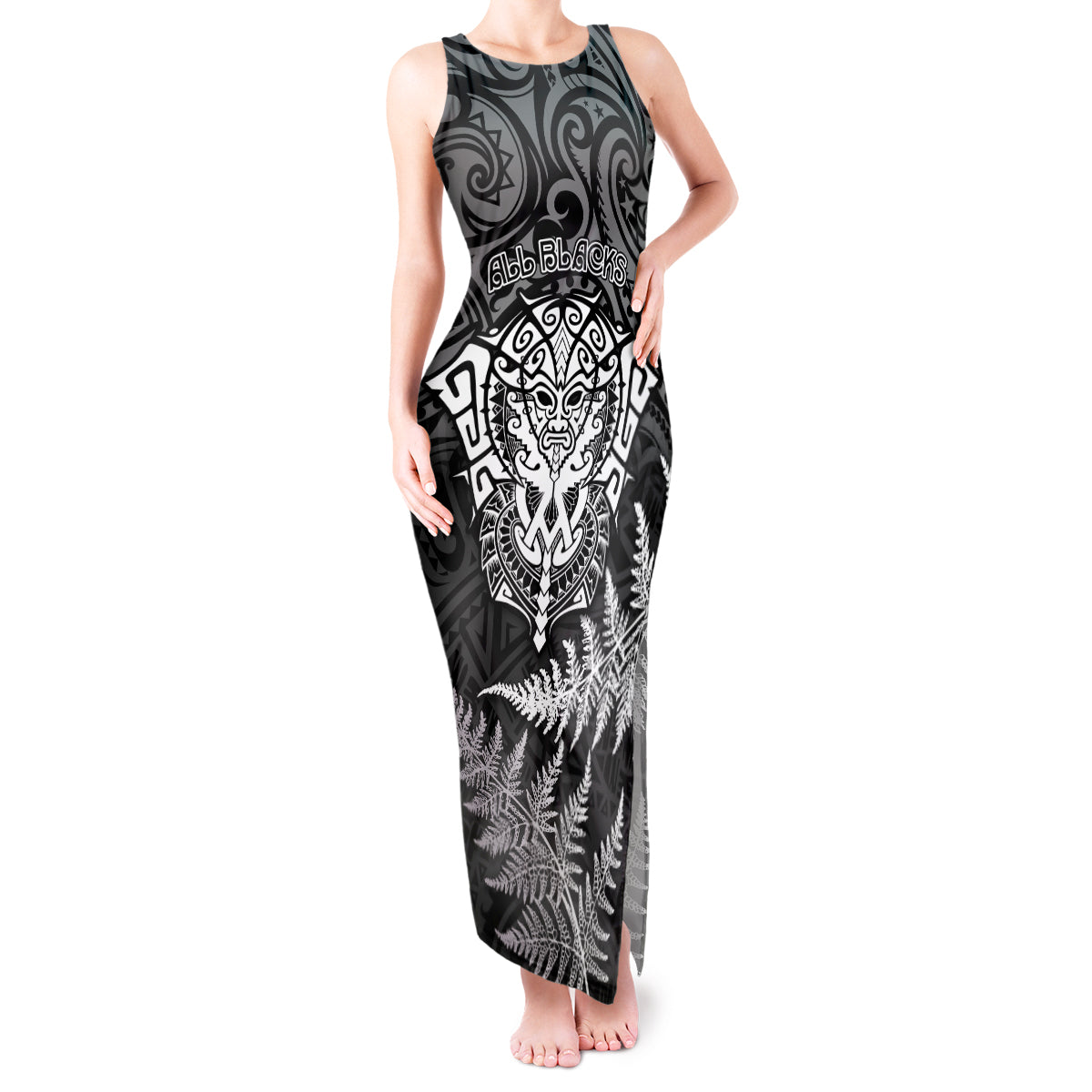 New Zealand Rugby Tank Maxi Dress Silver Fern All Black Mix Ta Moko White Style LT9 Women White - Polynesian Pride