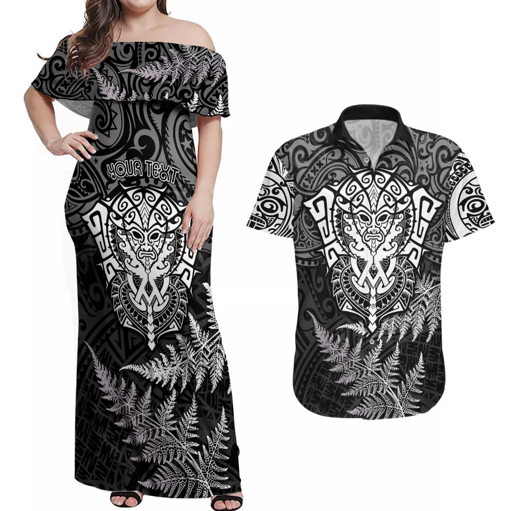 Personalised New Zealand Rugby Couples Matching Off Shoulder Maxi Dress and Hawaiian Shirt Silver Fern All Black Mix Ta Moko White Style LT9 White - Polynesian Pride