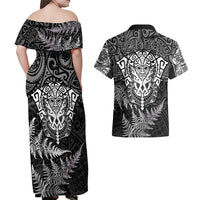 Personalised New Zealand Rugby Couples Matching Off Shoulder Maxi Dress and Hawaiian Shirt Silver Fern All Black Mix Ta Moko White Style LT9 - Polynesian Pride