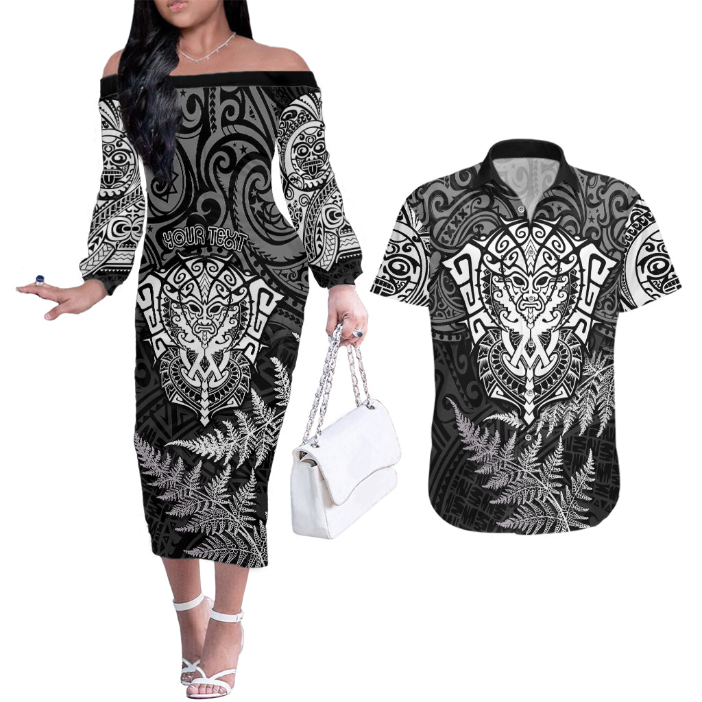 Personalised New Zealand Rugby Couples Matching Off The Shoulder Long Sleeve Dress and Hawaiian Shirt Silver Fern All Black Mix Ta Moko White Style LT9 White - Polynesian Pride