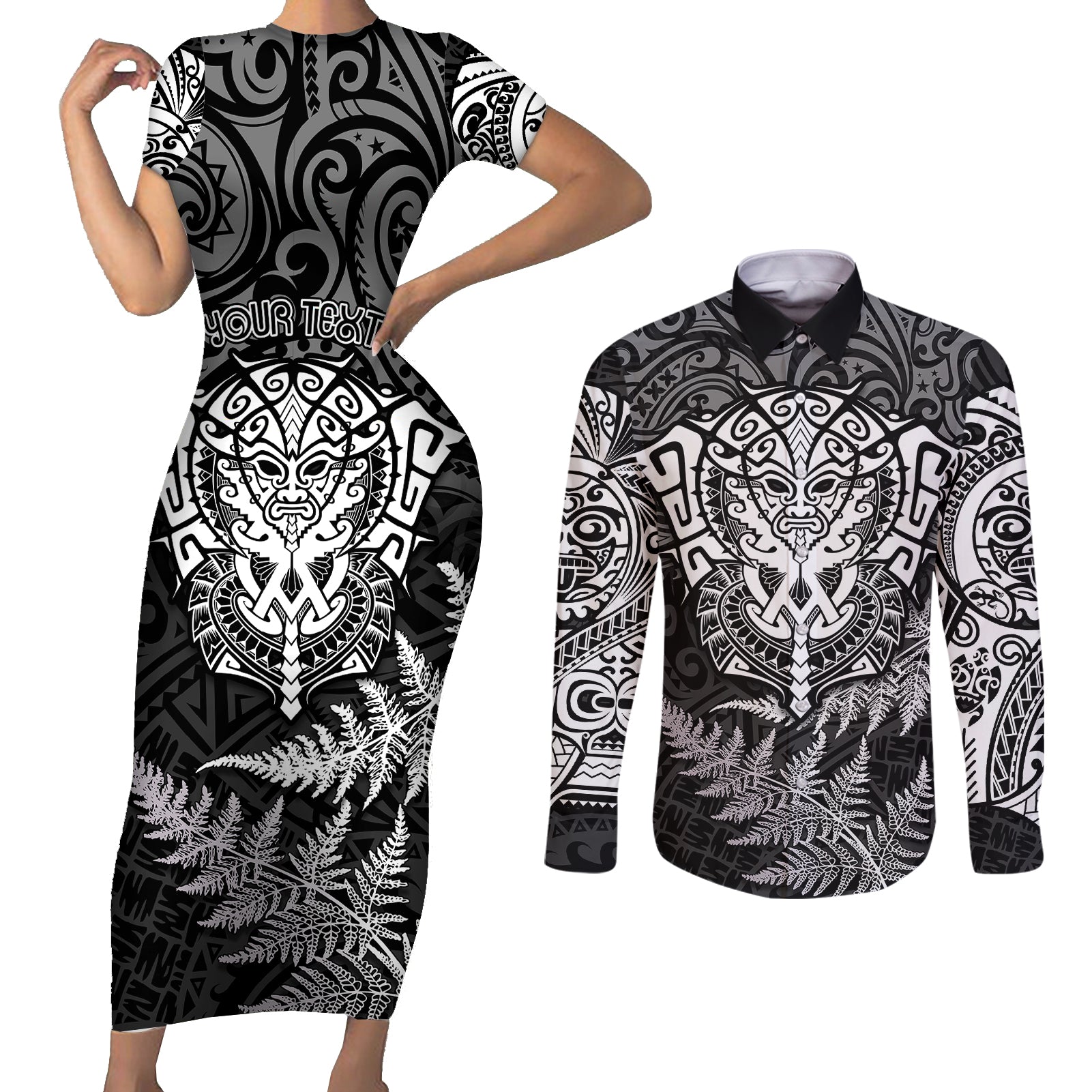 Personalised New Zealand Rugby Couples Matching Short Sleeve Bodycon Dress and Long Sleeve Button Shirts Silver Fern All Black Mix Ta Moko White Style LT9 White - Polynesian Pride