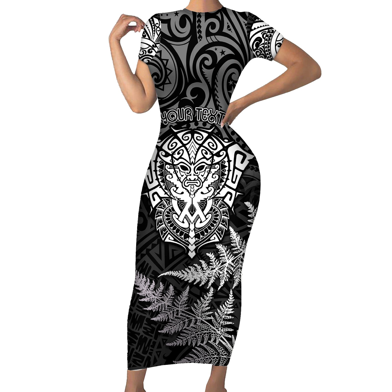 Personalised New Zealand Rugby Short Sleeve Bodycon Dress Silver Fern All Black Mix Ta Moko White Style LT9 Long Dress White - Polynesian Pride